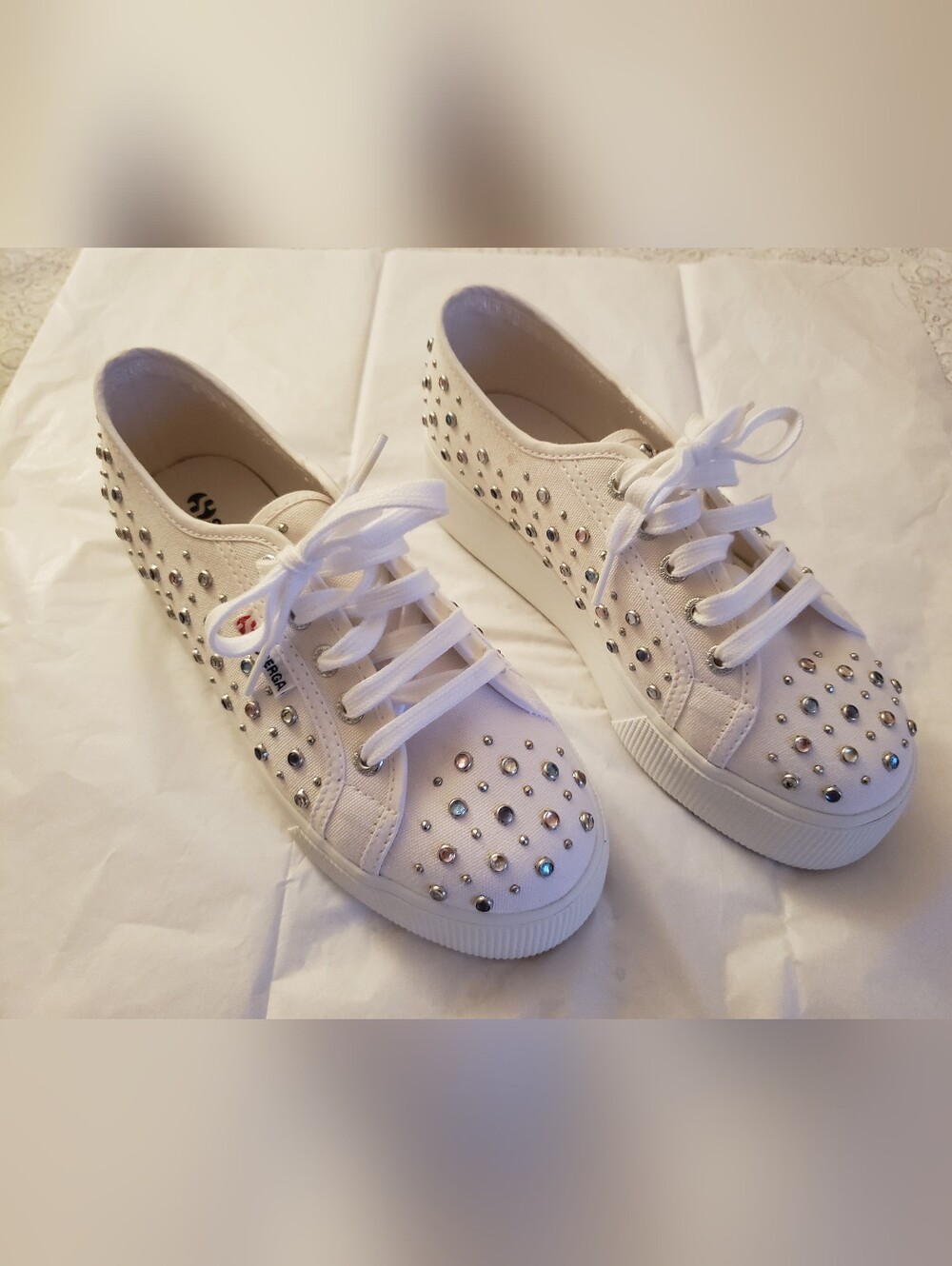 White Studded Lace-Up Platform Sneakers for Women
